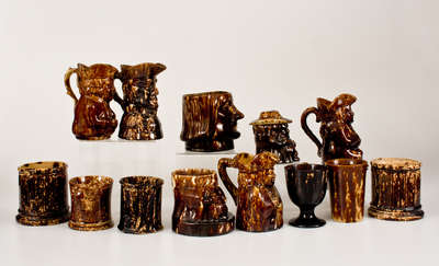 Lot of Thirteen: Rockingham Ware Cups and Molded Figural Vessels