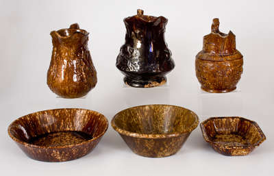 Lot of Six: Rockingham Ware Pitchers w/ Three Marked Lyman, Fenton & Co. / Bennington Dishes