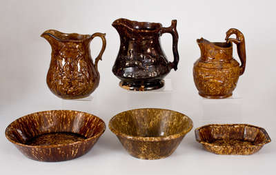 Lot of Six: Rockingham Ware Pitchers w/ Three Marked Lyman, Fenton & Co. / Bennington Dishes