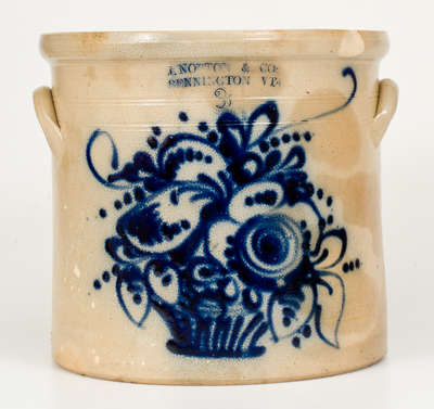 Three-Gallon J. NORTON & CO. / BENNINGTON, VT. Stoneware Crock w/ Cobalt Flower Basket