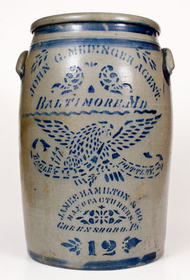Very Rare 12-Gallon Stoneware Jar by Jas Hamilton / Greensboro for John Medinger / Baltimore
