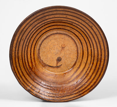 Very Rare North Carolina Redware Dish w/ Spiraling Manganese Slip Decoration, c1820-50