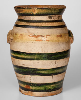 Exceptional J. EBERLY & CO / STRASBURG, VA Redware Wing-Handled Urn w/ Bold Copper Decoration