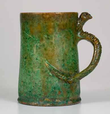 Copper-Glazed Redware Mug w/ Snake Handle, American, possibly Southern, late 19th century