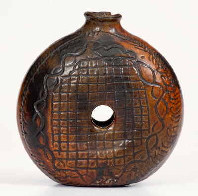 Rare Glazed Redware Ring Flask w/ Elaborate Incised Decoration, probably PA, late 18th or early 19th century