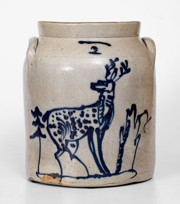 Very Fine WHITES UTICA 2 Gal. Stoneware Jar w/ Slip-Trailed Deer Decoration