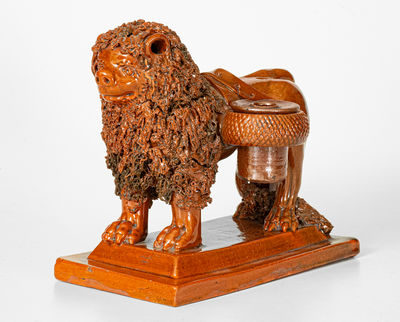 Exceptional Large-Sized Pennsylvania Redware Lion Inkstand Signed 