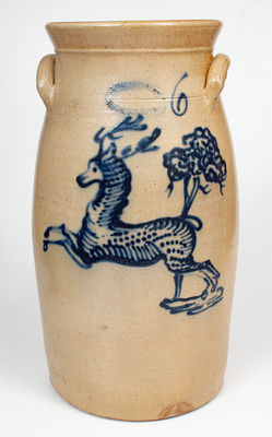 Exceptional 6 Gal. J. BURGER JR. / ROCHESTER, NY Stoneware Churn w/ Elaborate Slip-Trailed Deer Design