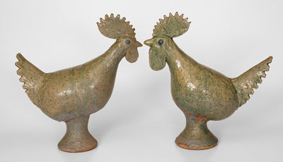 Very Fine Pair of Early Edwin Meaders Rooster Figures, Cleveland, Georgia, c1970