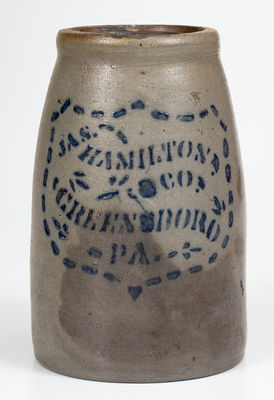 JAS. HAMILTON & CO. / GREENSBORO, PA Stoneware Canning Jar with Stenciled Shield Design