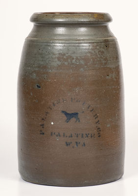 PALATINE POTTERY CO. / PALATINE, W. VA Stoneware Canning Jar w/ Stenciled Dog