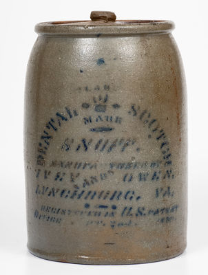 Rare LYNCHBURG, Virginia Stenciled Stoneware Snuff Jar