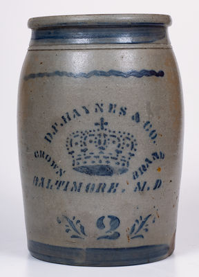 2 Gal. D. F. HAYNES & CO. / BALTIMORE, MD Stenciled Advertising Jar w/ Crown Decoration