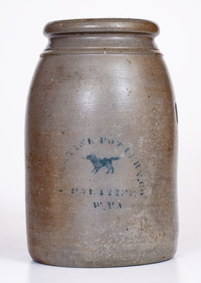 PALATINE POTTERY CO. / PALATINE, W. VA Stoneware Canning Jar w/ Stenciled Dog