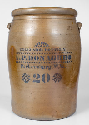 Monumental 20 Gal. A. P. DONAGHHO / PARKERSBURG, WV Stoneware Crock