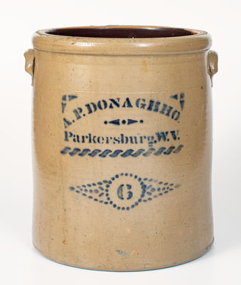 6 Gal. A. P. DONAGHHO / PARKERSBURG, West Virginia Stoneware Crock