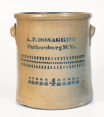 4 Gal. A. P. DONAGHHO / PARKERSBURG, WV Stoneware Crock