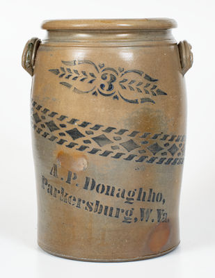 3 Gal. A. P. DONAGHHO / PARKERSBURG, WV Stoneware Crock