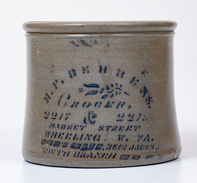 H. F. BEHRENS / WHEELING, W. VA Stoneware Advertising Cake Crock