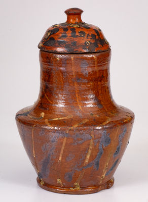 Unusual American Redware Lidded Jar w/ Lead and Manganese Slip Decoration