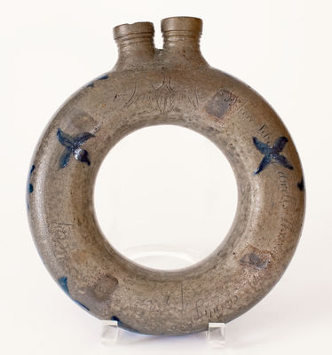 Exceedingly Rare and Important Loudoun County, VA, Stoneware Ring Flask w/ Incised Federal Eagle and Patriotic Inscriptions, 1827