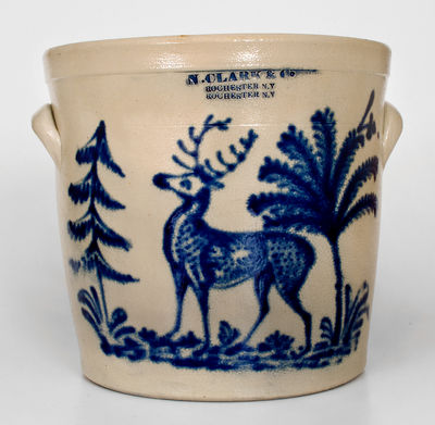 Exceptional N. CLARK & CO. / ROCHESTER, NY Stoneware Jar w/ Elaborate Deer Scene