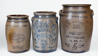 Lot of Three: Greensboro, PA Stoneware Jars by JAS. HAMILTON and T. F. REPPERT
