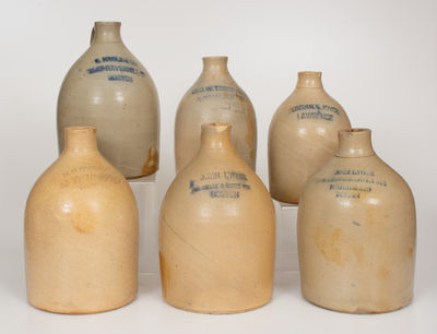 Lot of Six: Small-Sized Stoneware Jugs with Impressed BOSTON and LAWRENCE, MA Advertising