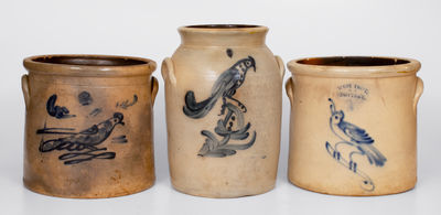 Lot of Three: Northeastern Stoneware Crocks with Bird Decoration incl. WEST TROY POTTERY Example