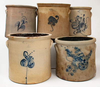 Lot of Five: Northeastern Stoneware Crocks w/ Floral Decoration