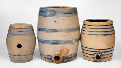 Lot of Three: Barrel-Form Stoneware w/ Cobalt Bands incl. J. M. PRUDEN / ELIZABETH, NJ Cooler