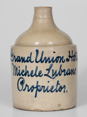 Fulper Bros. Stoneware Script Jug w/ Elaborate Grand Union Hotel / Michele Lubrano Proprietor Advertising