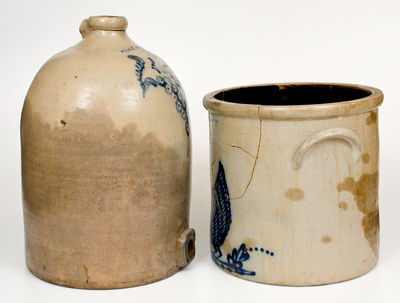 Lot of Two: 6 Gal. TROY POTTERY Stoneware Jug Cooler w/ Grapes, Norton Chicken Crock