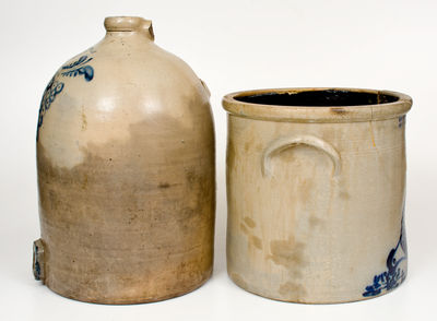 Lot of Two: 6 Gal. TROY POTTERY Stoneware Jug Cooler w/ Grapes, Norton Chicken Crock