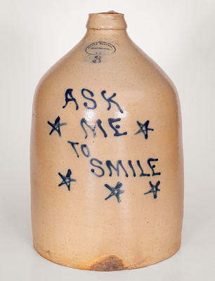 Very Rare Brown Bros. / Long Island Stoneware Jug: "Ask Me To Smile"