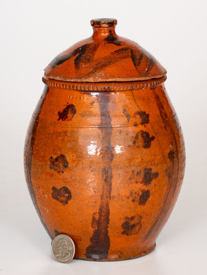 Scarce Lidded Redware Jar with Folky Manganese Decoration, probably Pennsylvania