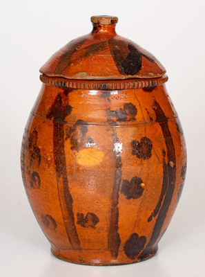 Scarce Lidded Redware Jar with Folky Manganese Decoration, probably Pennsylvania