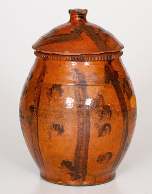 Scarce Lidded Redware Jar with Folky Manganese Decoration, probably Pennsylvania