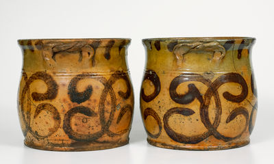 Rare Pair of Slip-Decorated Redware Jars attrib. David Mandeville, Circleville, NY, circa 1835