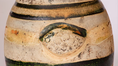 Exceptional J. EBERLY & CO / STRASBURG, VA Redware Wing-Handled Urn w/ Bold Copper Decoration