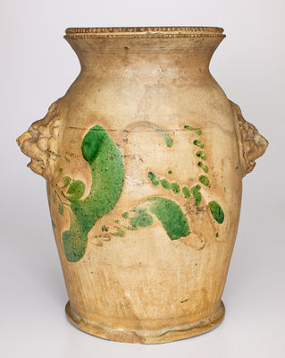 Scarce Redware Urn w/ Lion s Head Handles and Copper Decoration, attrib. Solomon Bell, Strasburg