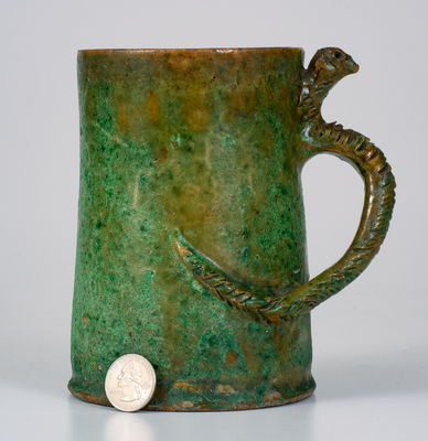 Copper-Glazed Redware Mug w/ Snake Handle, American, possibly Southern, late 19th century