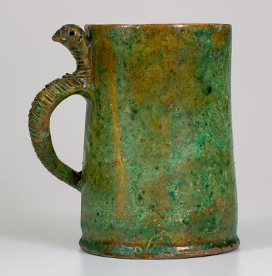 Copper-Glazed Redware Mug w/ Snake Handle, American, possibly Southern, late 19th century
