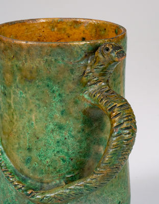 Copper-Glazed Redware Mug w/ Snake Handle, American, possibly Southern, late 19th century