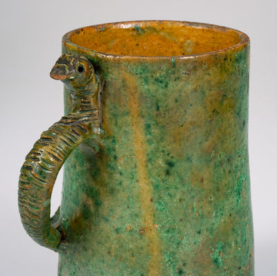 Copper-Glazed Redware Mug w/ Snake Handle, American, possibly Southern, late 19th century
