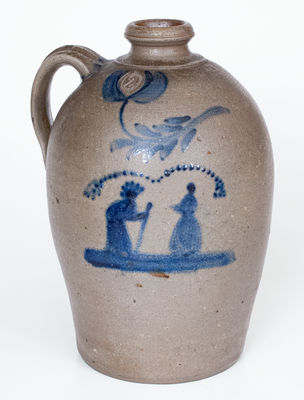 Exceedingly Rare and Important Morgantown, WV Stoneware Jug w/ Cobalt Indian Chief and Woman Scene