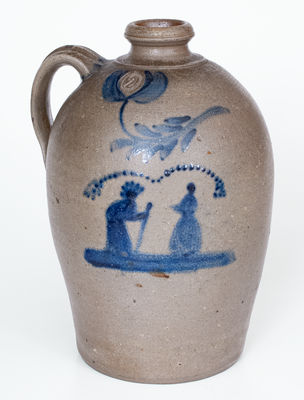 Morgantown, WV Stoneware Jug w/ Cobalt Indian Chief and Woman Decoration, Thompson Family