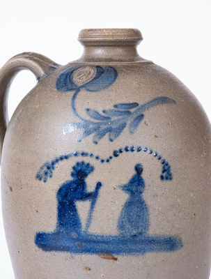 Exceedingly Rare and Important Morgantown, WV Stoneware Jug w/ Cobalt Indian Chief and Woman Scene