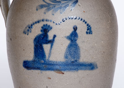 Exceedingly Rare and Important Morgantown, WV Stoneware Jug w/ Cobalt Indian Chief and Woman Scene
