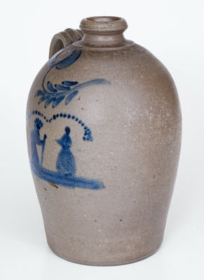 Exceedingly Rare and Important Morgantown, WV Stoneware Jug w/ Cobalt Indian Chief and Woman Scene